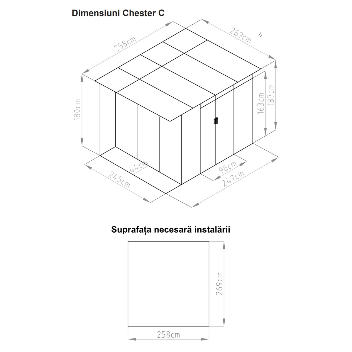 Casuta / magazie de gradina metalica MESTERINO Chester-C, gri/bej, 257x269x187 cm, cu usi culisante, baza metalica CADOU