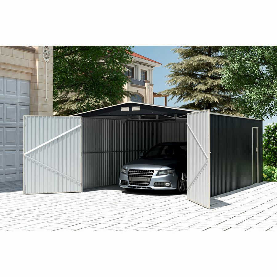 Garaj / depozit metalic MESTERINO S1004-C, gri/bej, 380x540x232 cm, cu usa dubla