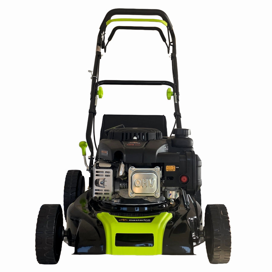 Masina tuns iarba/gazon autopropulsata MESTERINO BJXSM43-139, motor LONCIN 4 timpi, 3.3 cai, sasiu metal, latime taiere 43 cm, 8 nivele de taiere, sac colector 45 litri