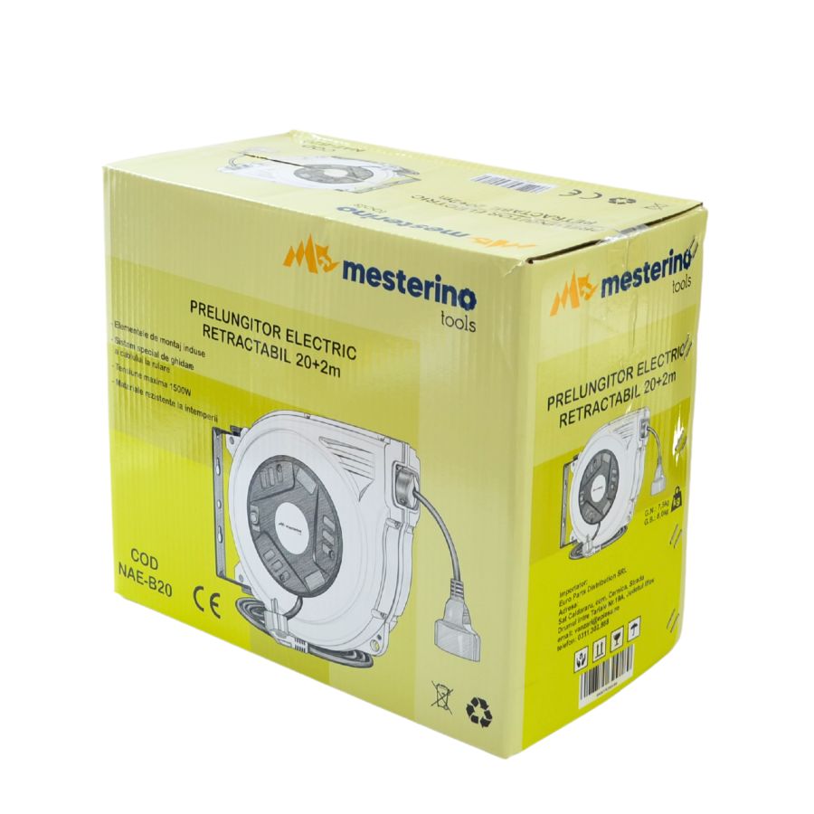 Prelungitor electric retractabil 20m+1m MESTERINO TOOLS NAE-B20, tensiune 230V, putere 1500 W, montare pe perete