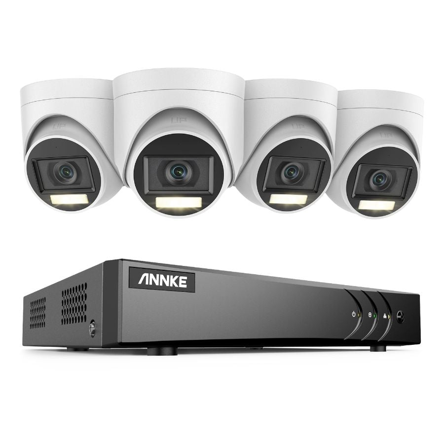 Sistem performant de supraveghere video ANNKE DW81KN+CR1CW*4, DVR 8 canale Hibrid, 4 camere tip Turret interior/exterior 5MP, Ultra HD/2k+, lumina duala IR si alba, vedere nocturna, audio, rezistent la intemperii
