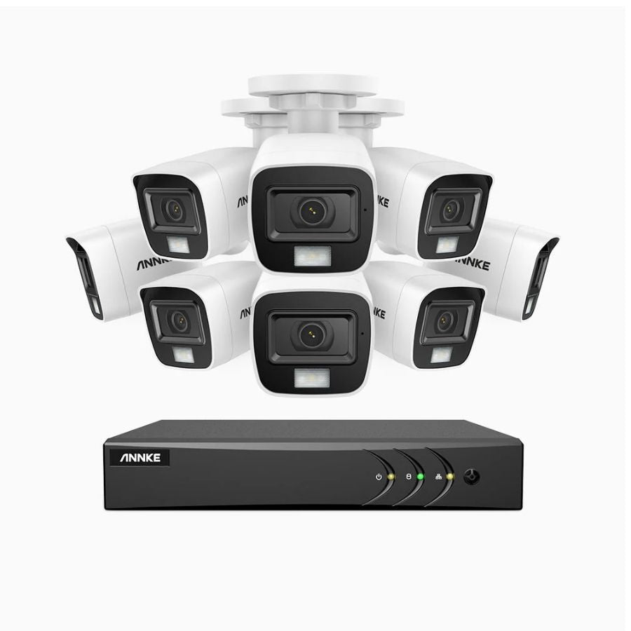 Sistem performant de supraveghere video ANNKE DW81KN+CR1CV*8, DVR 8 canale hibrid, 8 camere tip Bullet interior/exterior, 5MP, Ultra HD/2k+, lumina duala IR si alba, vedere nocturna, audio, rezistent la intemperii
