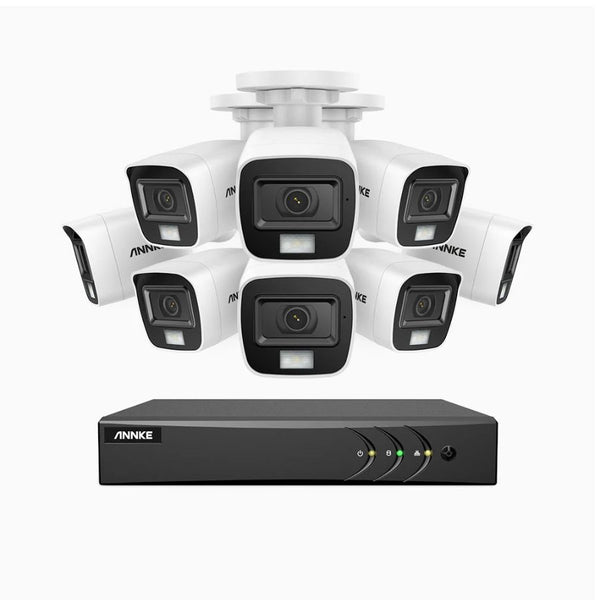 Sistem performant de supraveghere video ANNKE DW81KN+CR1CV*8, DVR 8 canale hibrid, 8 camere tip Bullet interior/exterior, 5MP, Ultra HD/2k+, lumina duala IR si alba, vedere nocturna, audio, rezistent la intemperii