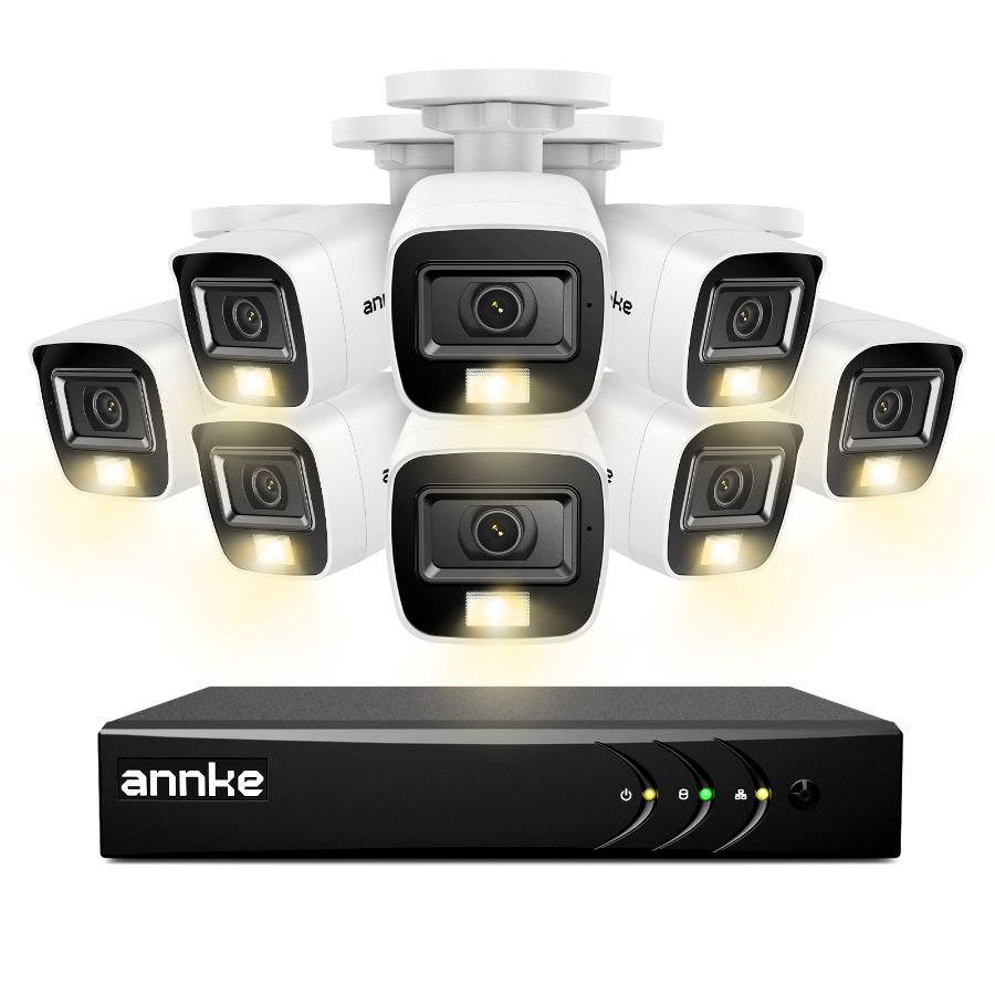 Sistem performant de supraveghere video ANNKE DW81KN+CR1CV*8, DVR 8 canale hibrid, 8 camere tip Bullet interior/exterior, 5MP, Ultra HD/2k+, lumina duala IR si alba, vedere nocturna, audio, rezistent la intemperii