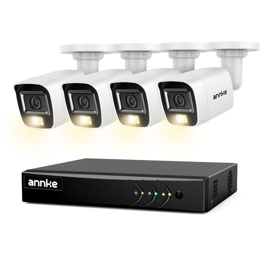 Sistem performant de supraveghere video ANNKE DW81KN+CR1CV*4, DVR 8 canale Hibrid, 4 camere tip Bullet interior/exterior 5MP, Ultra HD/2k+, lumina duala IR si alba, vedere nocturna, audio, rezistent la intemperii