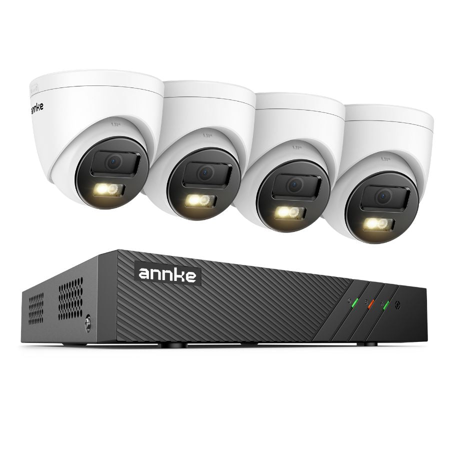 Sistem performant de supraveghere video ANNKE N98PBL+I51EM*4, PoE, NVR 8 canale, 4 camere tip Turret interior/exterior 5MP, Ultra HD/2k+, vedere nocturna IR, audio, rezistent la intemperii