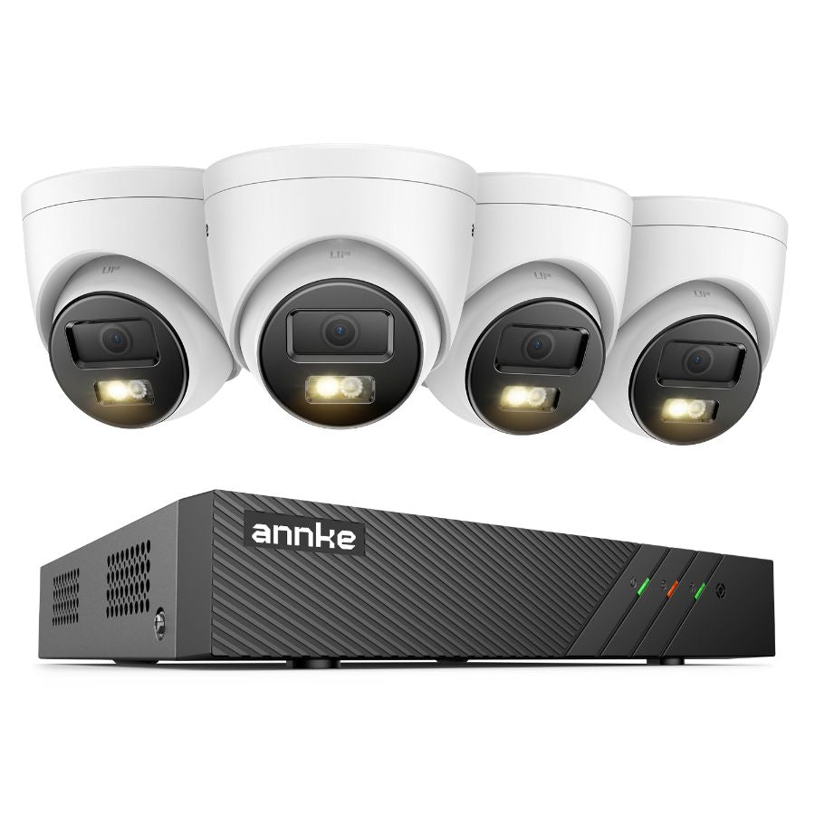 Sistem performant de supraveghere video ANNKE N98PBL+I51EM*4, PoE, NVR 8 canale, 4 camere tip Turret interior/exterior 5MP, Ultra HD/2k+, vedere nocturna IR, audio, rezistent la intemperii