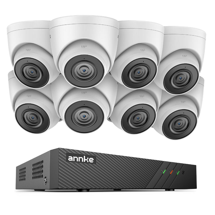 Sistem performant de supraveghere video ANNKE N98PBL+I51DS*8, PoE, NVR 8 canale, 8 camere tip Turret interior/exterior 5MP, Ultra HD/2k+, vedere nocturna IR, audio, rezistent la intemperii