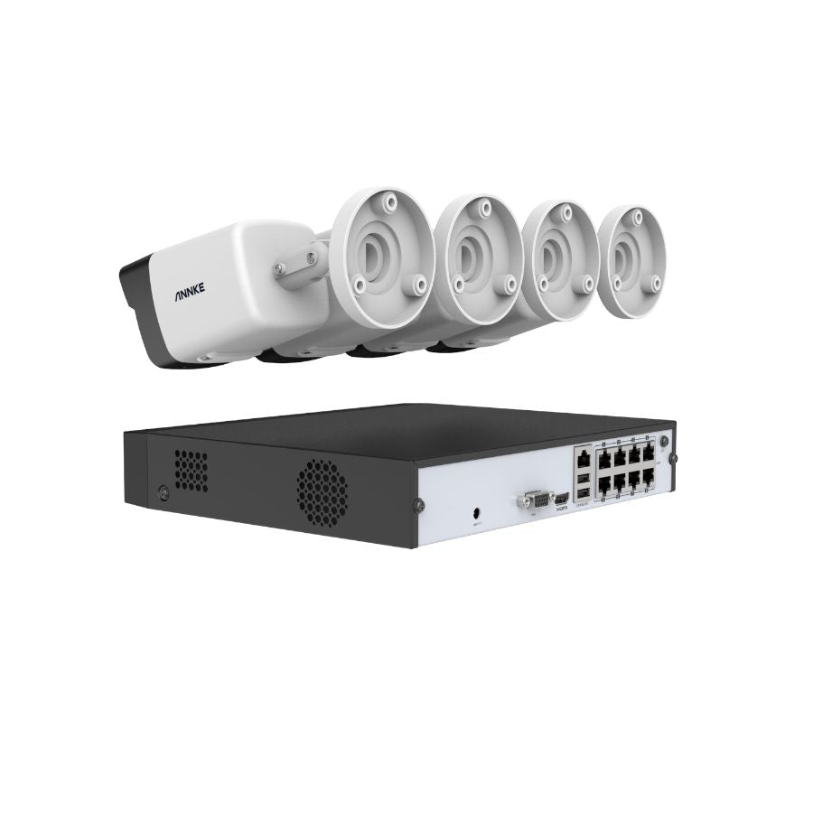 Sistem performant de supraveghere video ANNKE N98BPL+I51DL*4, PoE, NVR 8 canale, 4 camere tip Bullet interior/exterior 5MP, Ultra HD/2k+, vedere nocturna IR, audio, rezistent la intemperii