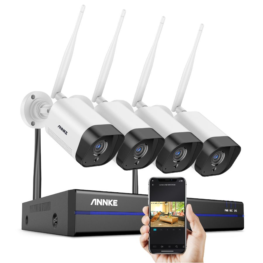 Sistem performant de supraveghere video WiFi ANNKE N48WHR+I71GK*4, NVR 8 canale, 4 camere tip Bullet 3MP, Super HD, vedere nocturna IR, audio, rezistent la intemperii