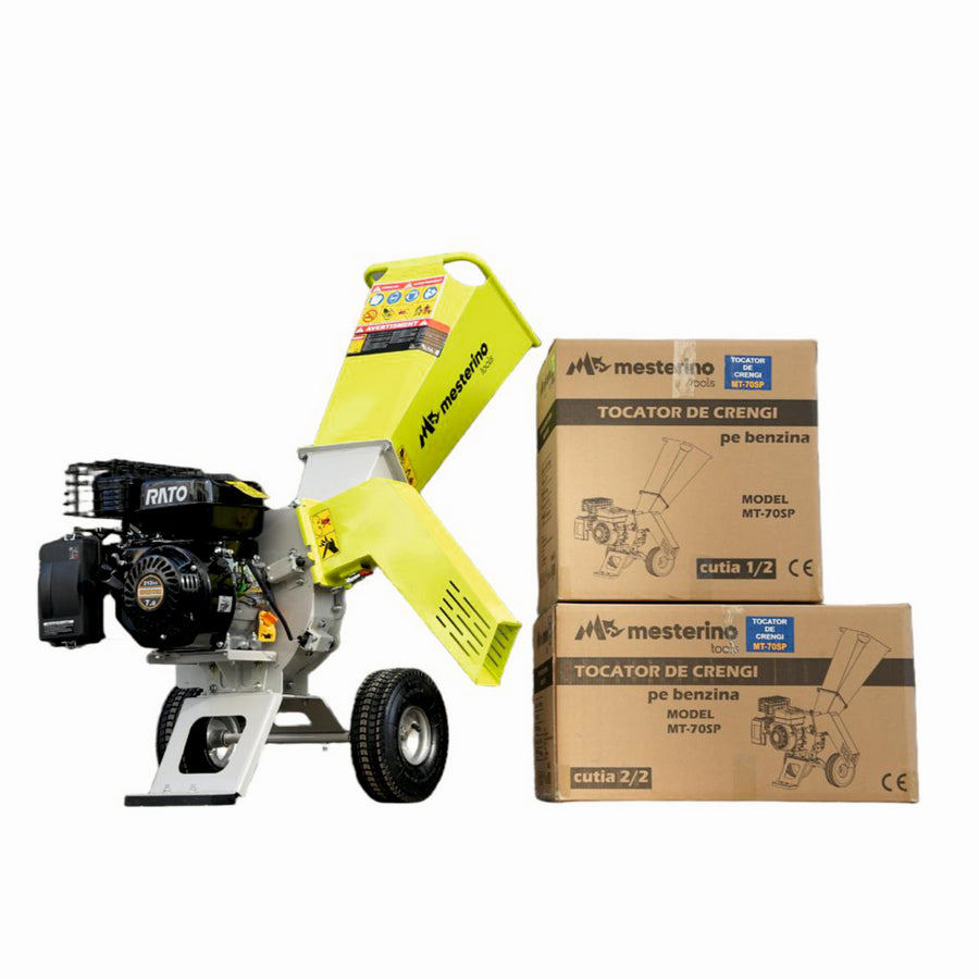 Tocator de crengi si resturi vegetale, MESTERINO MT-70SP, motor pe benzina RATO in 4 timpi 212cc, 7 CP, diametru maxim de taiere 75mm