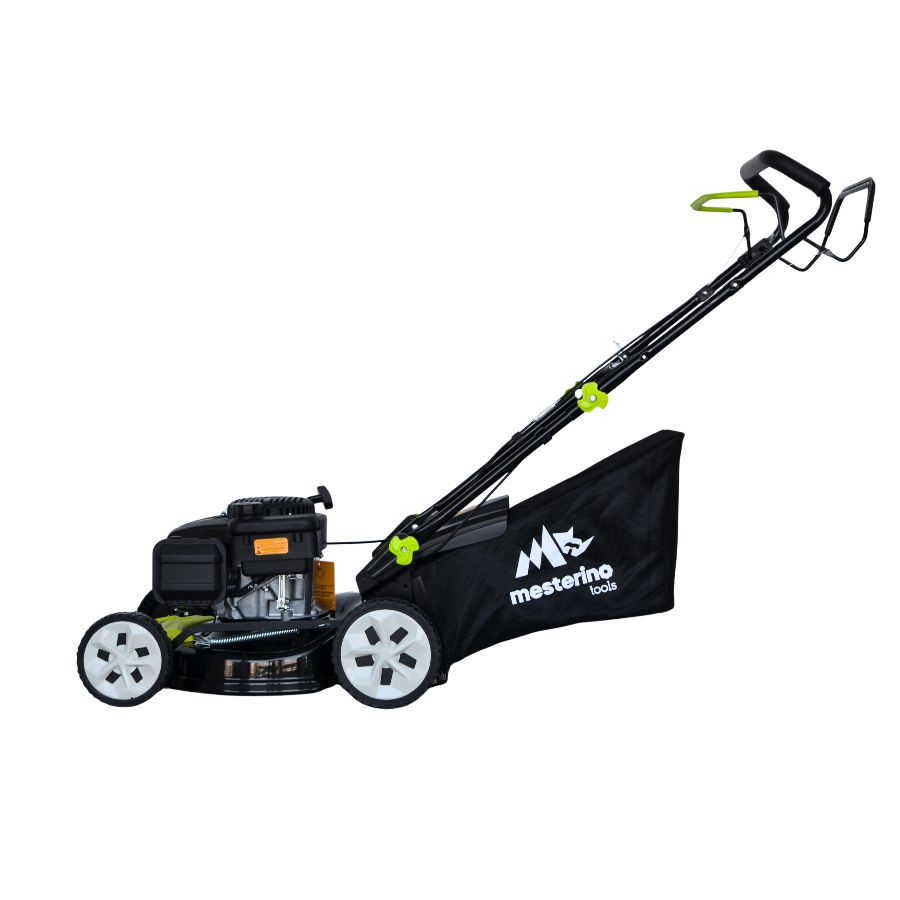 Masina tuns iarba/gazon autopropulsata MESTERINO BJXSM46-139, motor LONCIN 4 timpi, 3.3 cai, sasiu metal, latime taiere 46 cm, 8 nivele de taiere, sac colector 55 litri