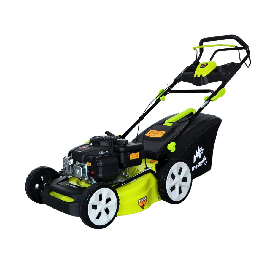 Masina tuns iarba/gazon autopropulsata MESTERINO BJXPM46-139, motor LONCIN 4 timpi, 3.3 cai, sasiu metal, latime taiere 46 cm, 8 nivele de taiere, sac colector 60 litri, evacuare lateral si mulcire