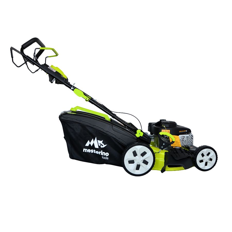 Masina tuns iarba/gazon autopropulsata MESTERINO BJXPM46-139, motor LONCIN 4 timpi, 3.3 cai, sasiu metal, latime taiere 46 cm, 8 nivele de taiere, sac colector 60 litri, evacuare lateral si mulcire