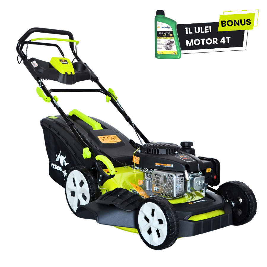Masina tuns iarba/gazon autopropulsata MESTERINO BJXPM46-139, motor LONCIN 4 timpi, 3.3 cai, sasiu metal, latime taiere 46 cm, 8 nivele de taiere, sac colector 60 litri, evacuare lateral si mulcire