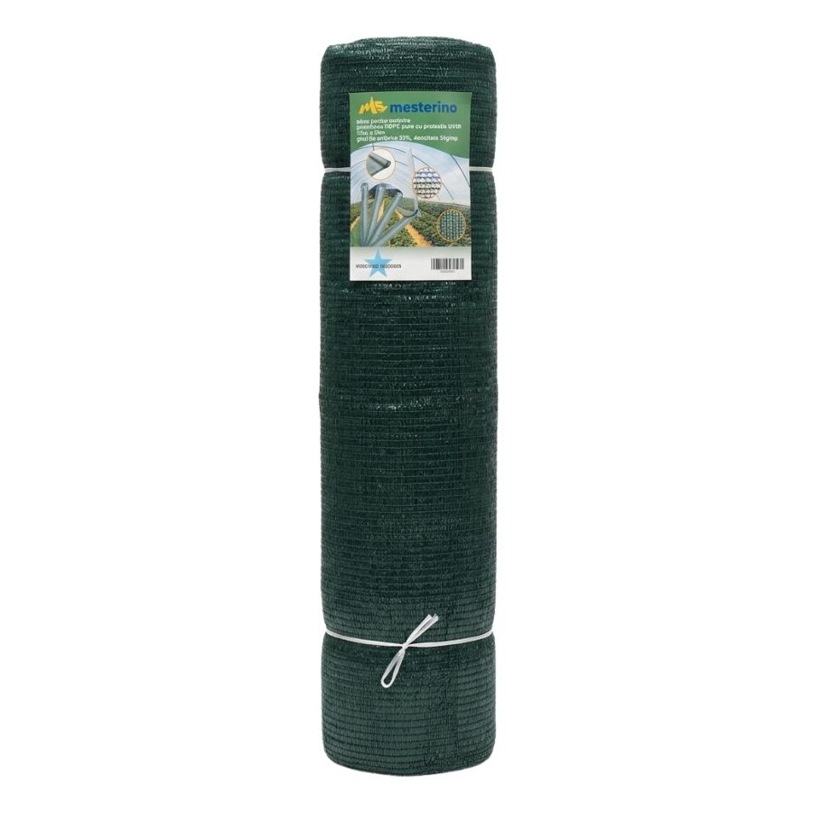 Plasa pentru umbrire, polietilena HDPE pura, MESTERINO 35085035, 8 m X 50 m, grad de umbrire 35%, densitate 35g/mp, verde inchis, protectie UV/IR