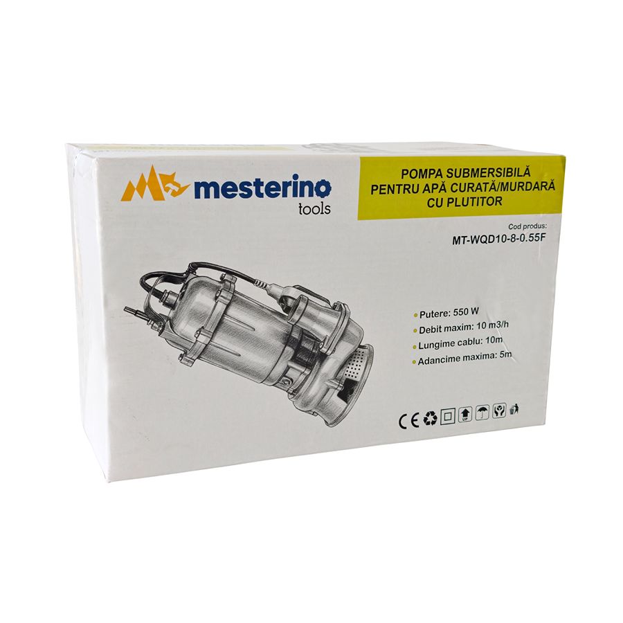 Pompa submersibila pentru apa curata/murdara cu plutitor MESTERINO TOOLS MT-WQD10-8-0.55F, 550W, debit maxim 10 m3/h, adancime maxima 5 m, cablu 10 m