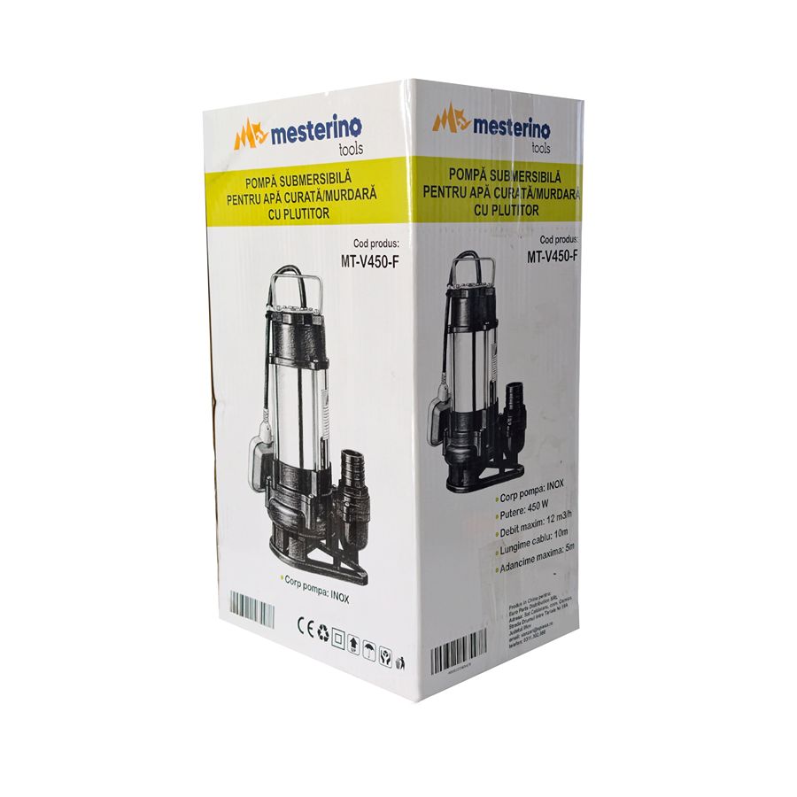 Pompa submersibila pentru apa curata/murdara cu plutitor MESTERINO TOOLS MT-V450-F, 450W, corp INOX, 12 m3/h, adancime maxima 5 m, cablu 10 m