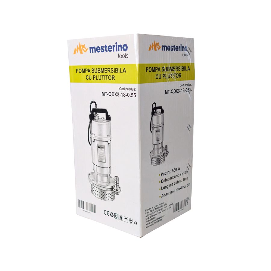 Pompa submersibila pentru apa curata cu plutitor MESTERINO TOOLS MT-QDX3-18-0.55, 550W, debit maxim 3 m3/h, adancime maxima 5 m, cablu 10 m