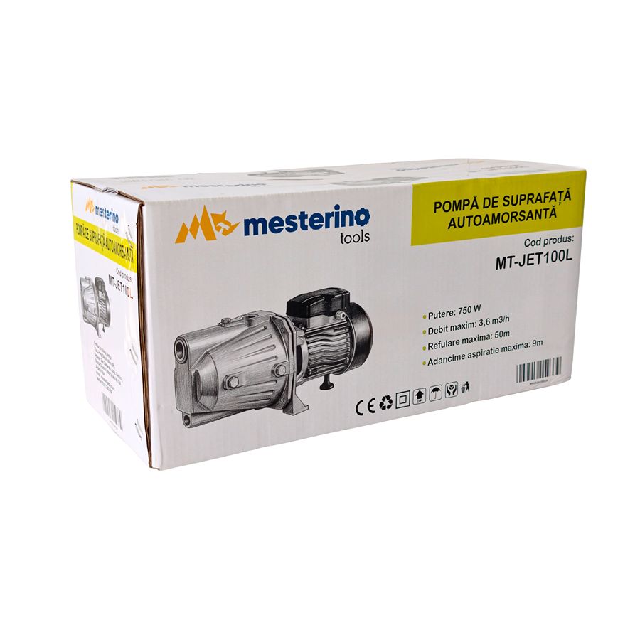 Pompa de suprafata autoamorsanta MESTERINO TOOLS MT-JET100L, 750W, 3.6 m3/h, adancime aspiratie maxima 9 m, inaltime refulare maxima 50 m