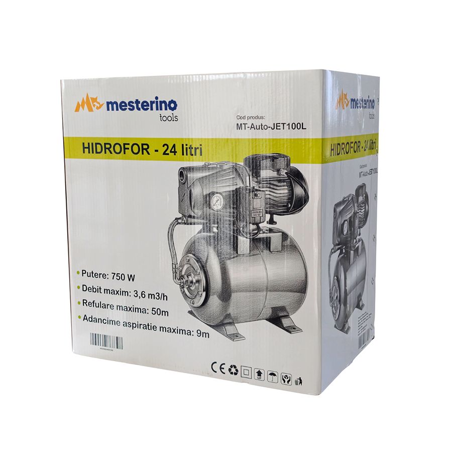 Hidrofor apa 24 litri MESTERINO TOOLS MT-Auto-JET100L, 750W, 3.6 m3/h, adancime maxima 9 m, inaltime refulare maxima 50 m