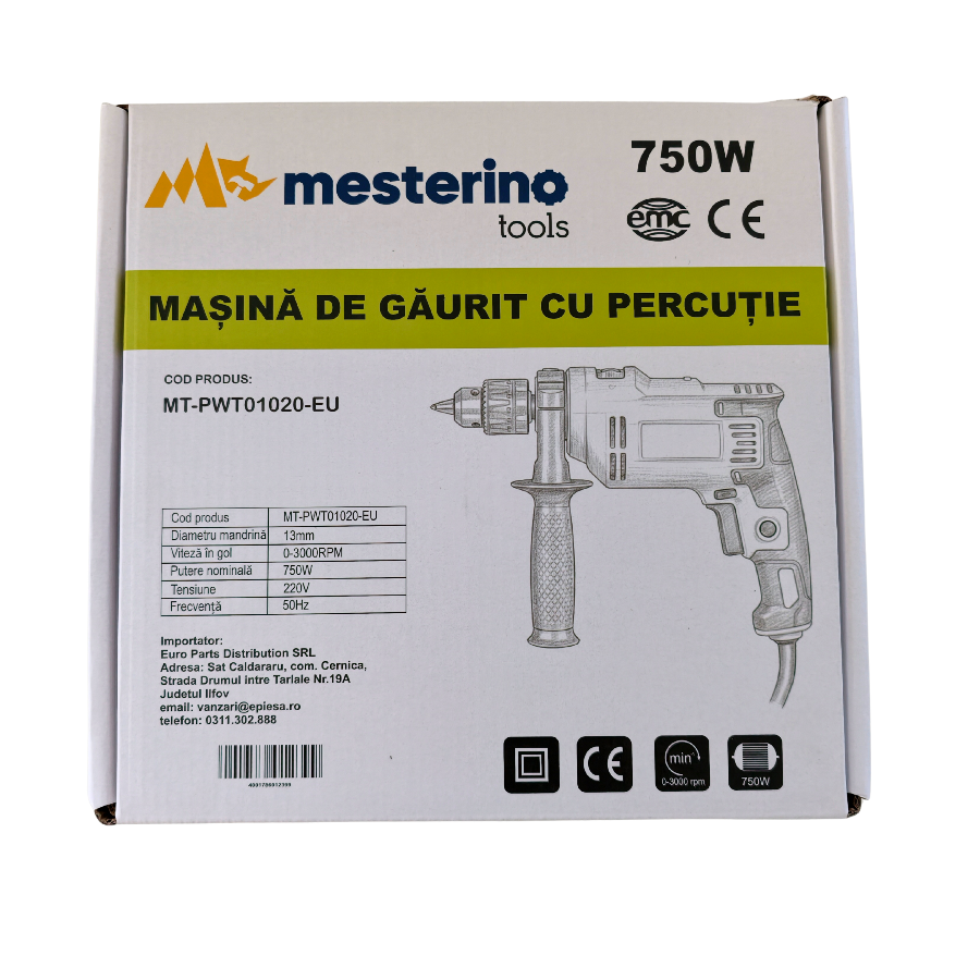 Masina de gaurit cu percutie MESTERINO TOOLS MT-PWT01020-EU, 750 W, 3000 RPM, 48000 BPM, mandrina de maxim 13 mm