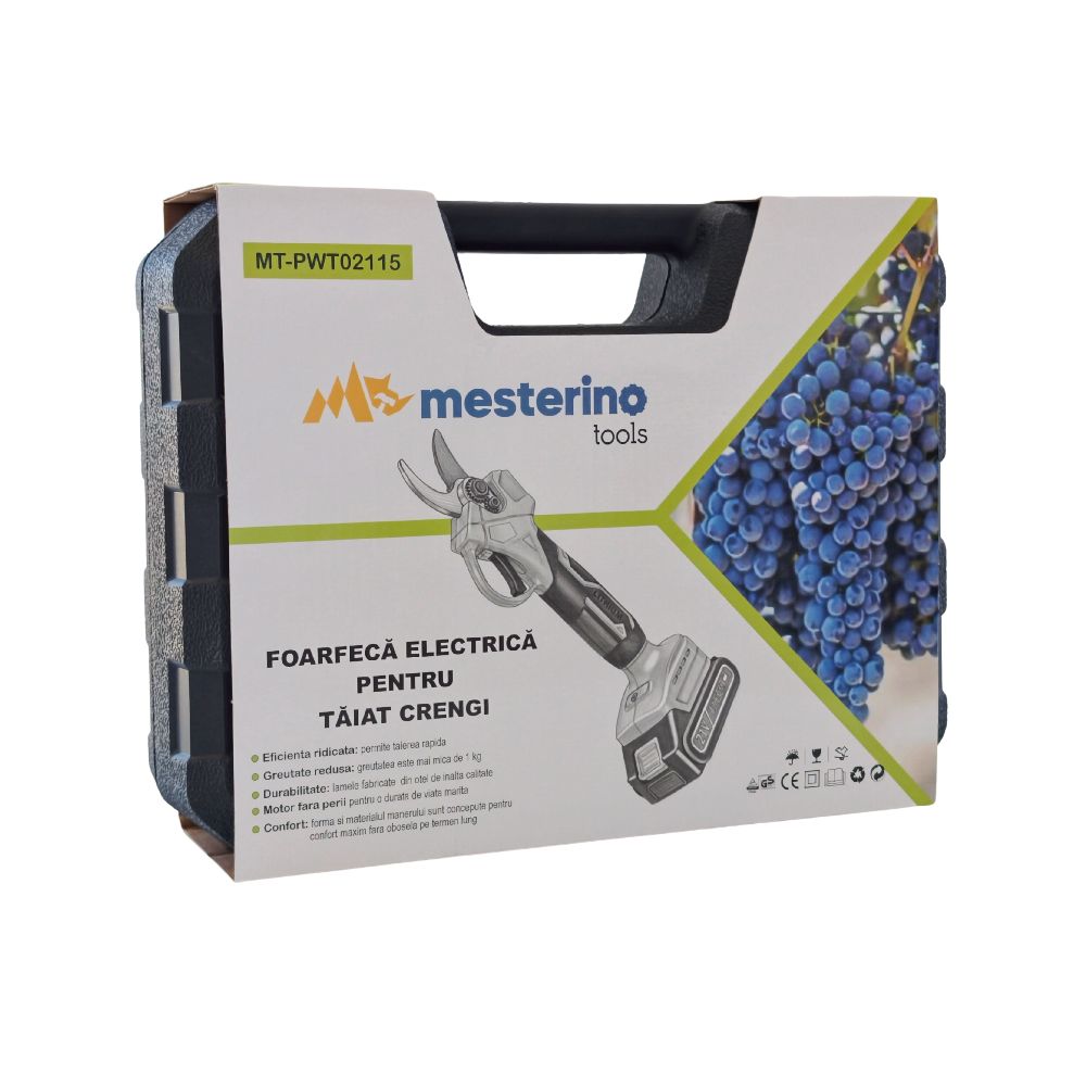 Foarfeca pentru taiat crengi cu acumulator MESTERINO TOOLS MT-PWT02115, diametru taiere maxim 30 mm, forta de taiere 130 NM