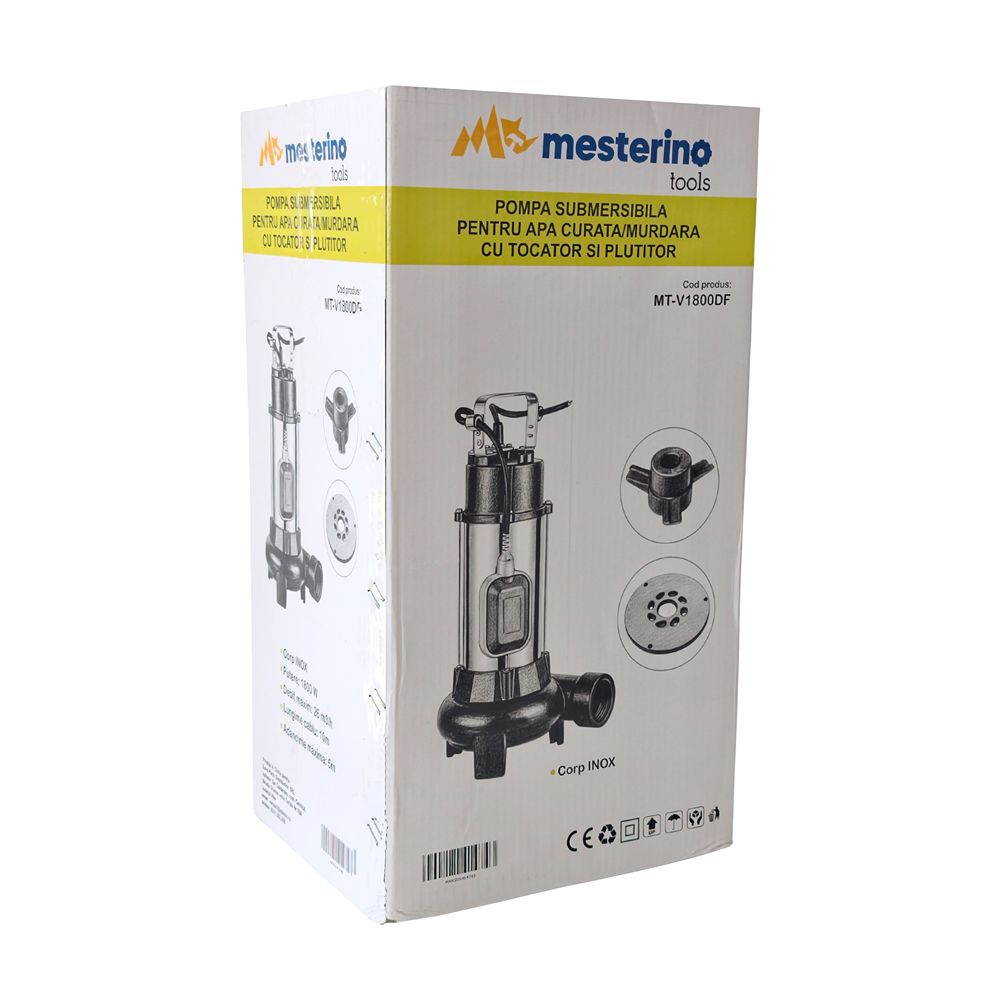 Pompa submersibila pentru apa curata/murdara cu tocator si plutitor MESTERINO TOOLS MT-V1800DF, corp INOX, 1800 W, 26 m3/h, adancime maxima 5 m, cablu 10 m