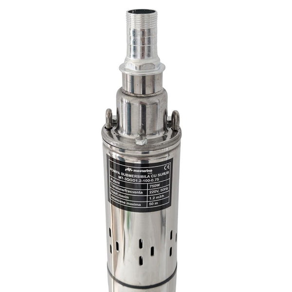 Pompa submersibila cu surub MESTERINO TOOLS MT-3QGD1.2-100-0.75, corp INOX, 750 W, debit maxim 1.2 m3/h, adancime maxima 50 m, cablu 10 m