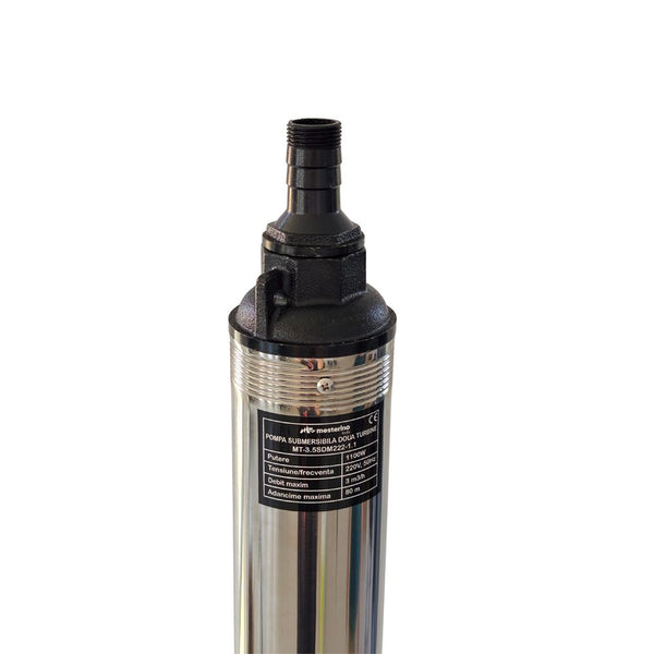 Pompa submersibila pentru apa curata cu 2 turbine si corp INOX MESTERINO TOOLS MT-3.5SDM222-1.1, 1100 W, 3 m3/h, adancime maxima 80 m, cablu 15 m