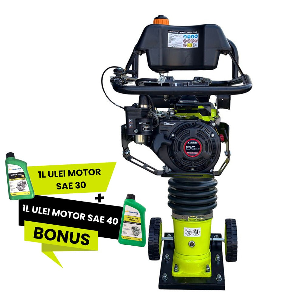 Mai compactor cu kit roti MESTERINO TOOLS MT-29348, motor LONCIN 196 cc pe benzina, putere 6.5 CP, dimensiune talpa 355x280 mm, 600-700 bpm, forta impact 18500 N, greutate 78 kg