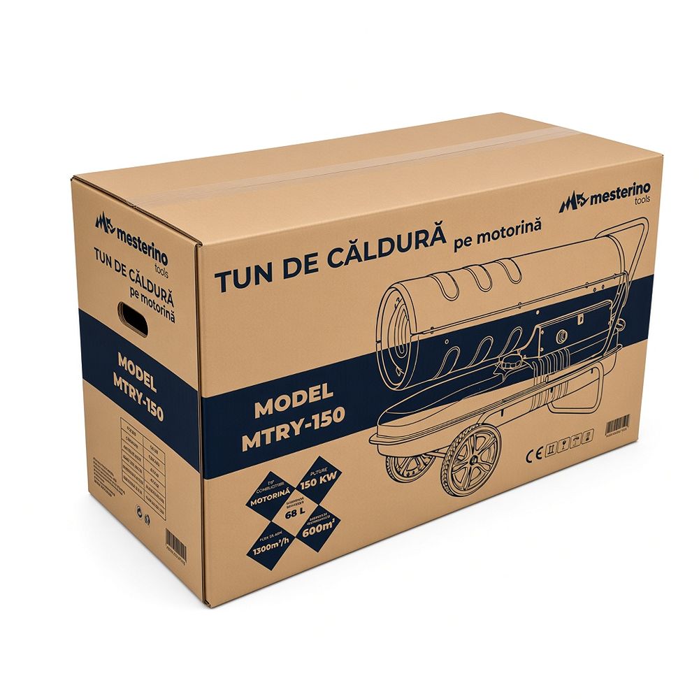 Tun de caldura pe motorina MESTERINO MTRY-150, putere 150 KW, ventilator 590 W, volum de aer 1300 m3/h, capacitate rezervor combustibil 68 litri