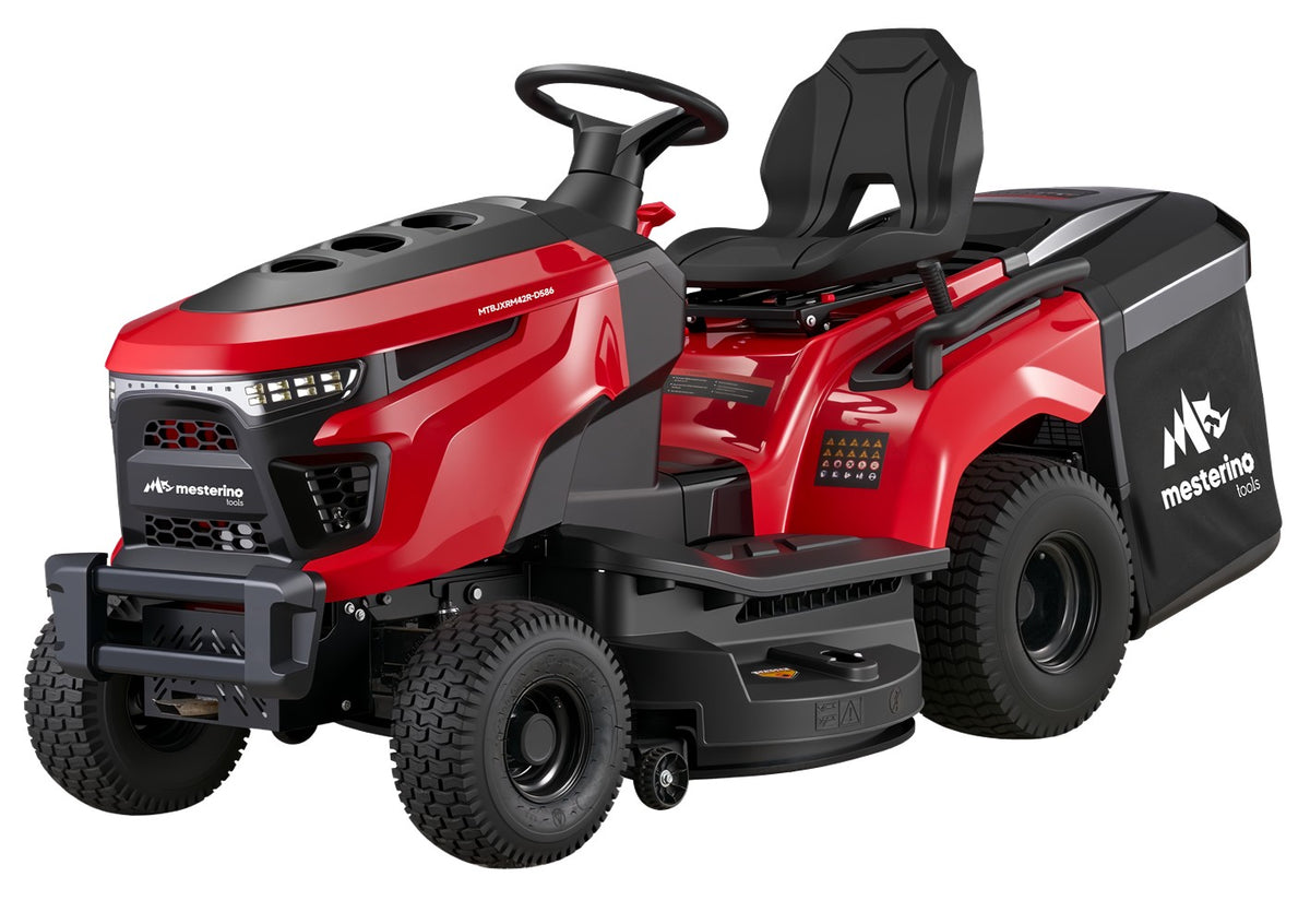 Tractoras pentru tuns gazon/iarba MESTERINO TOOLS MTBJXRM42R-D586, motor LONCIN 586 cmc, putere 17 cai, latime de taiere 1067 mm, 7 nivele taiere, sac colector 250 litri