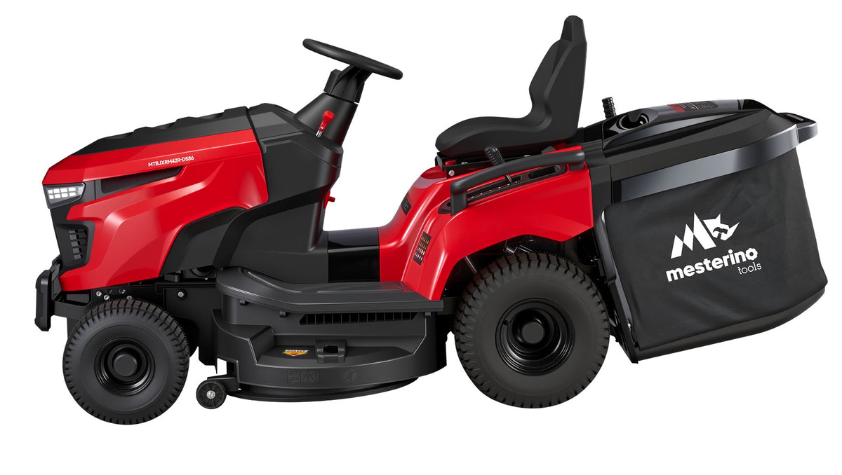 Tractoras pentru tuns gazon/iarba MESTERINO TOOLS MTBJXRM42R-D586, motor LONCIN 586 cmc, putere 17 cai, latime de taiere 1067 mm, 7 nivele taiere, sac colector 250 litri