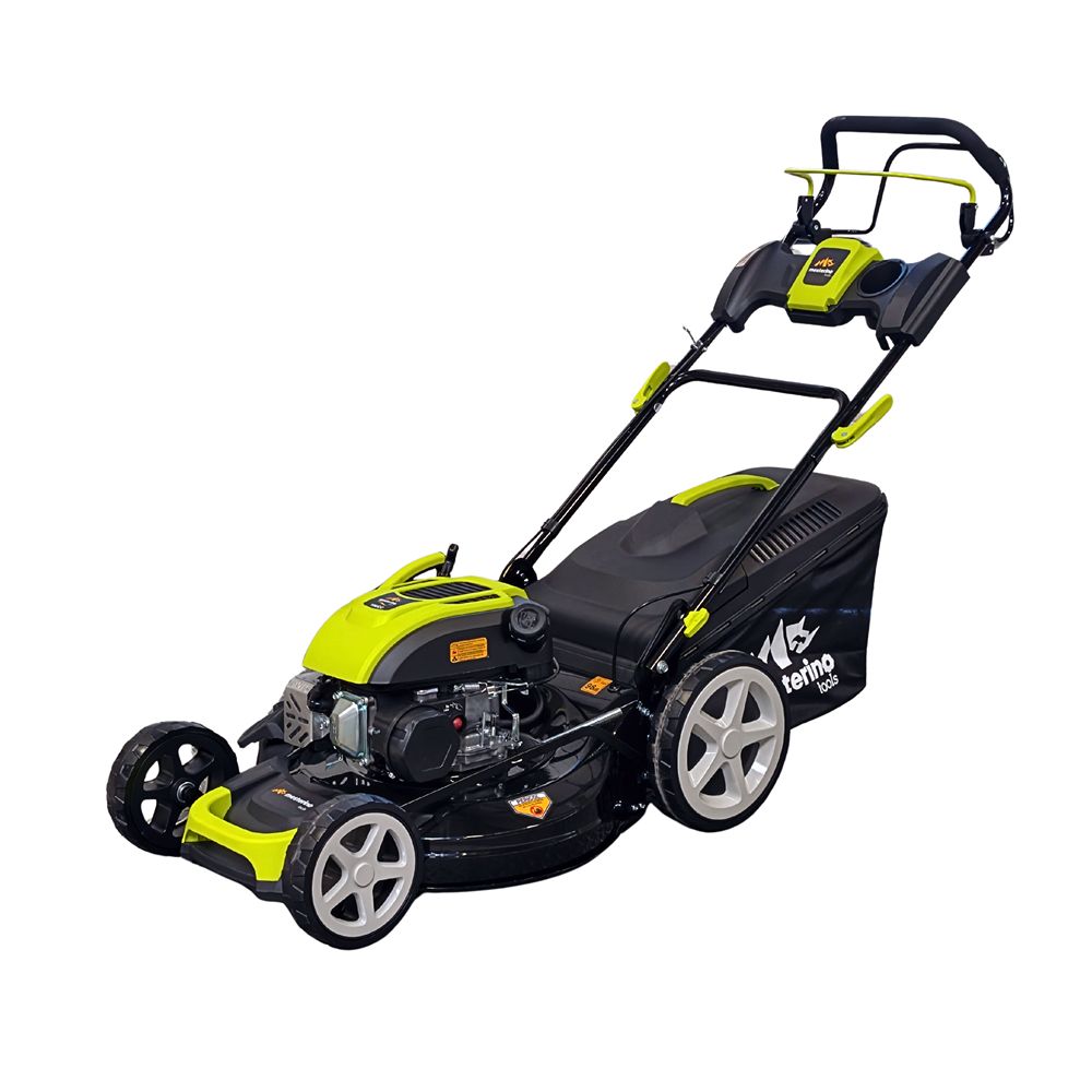 Masina pentru tuns iarba/gazon autopropulsata MESTERINO MTBJXPM51N-196, sasiu de metal, motor 4T 196 cmc, putere 5 CP, diametru taiere 51 cm, 8 nivele de taiere, sac colector 60 litri, evacuare lateral si mulcire