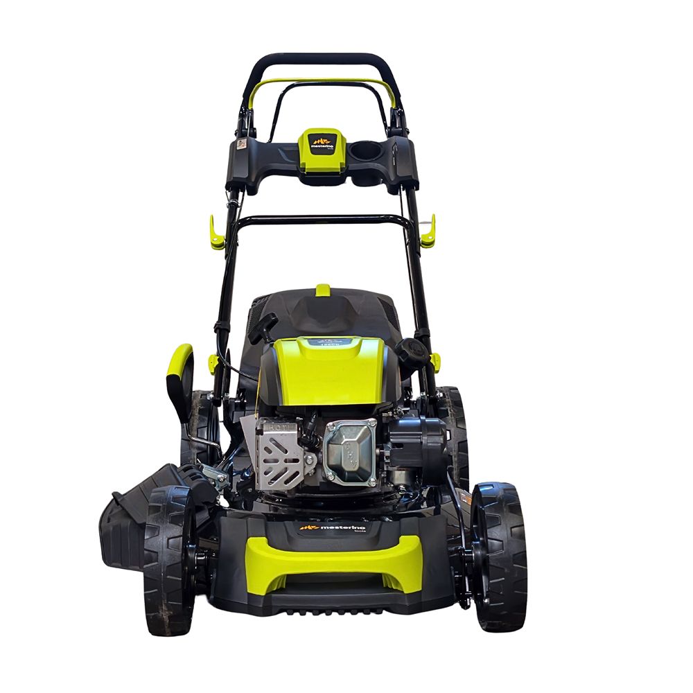 Masina pentru tuns iarba/gazon autopropulsata MESTERINO MTBJXPM51N-196, sasiu de metal, motor 4T 196 cmc, putere 5 CP, diametru taiere 51 cm, 8 nivele de taiere, sac colector 60 litri, evacuare lateral si mulcire