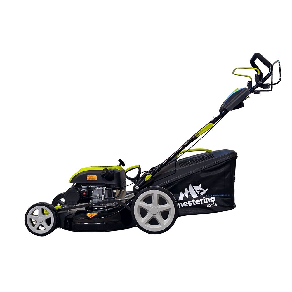 Masina pentru tuns iarba/gazon autopropulsata MESTERINO MTBJXPM51N-196, sasiu de metal, motor 4T 196 cmc, putere 5 CP, diametru taiere 51 cm, 8 nivele de taiere, sac colector 60 litri, evacuare lateral si mulcire