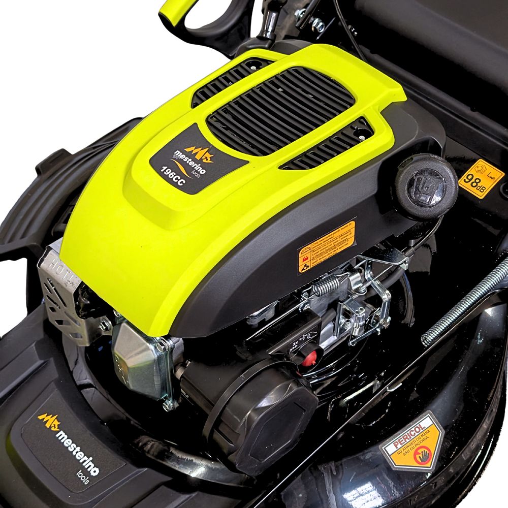 Masina pentru tuns iarba/gazon autopropulsata MESTERINO MTBJXPM51N-196, sasiu de metal, motor 4T 196 cmc, putere 5 CP, diametru taiere 51 cm, 8 nivele de taiere, sac colector 60 litri, evacuare lateral si mulcire