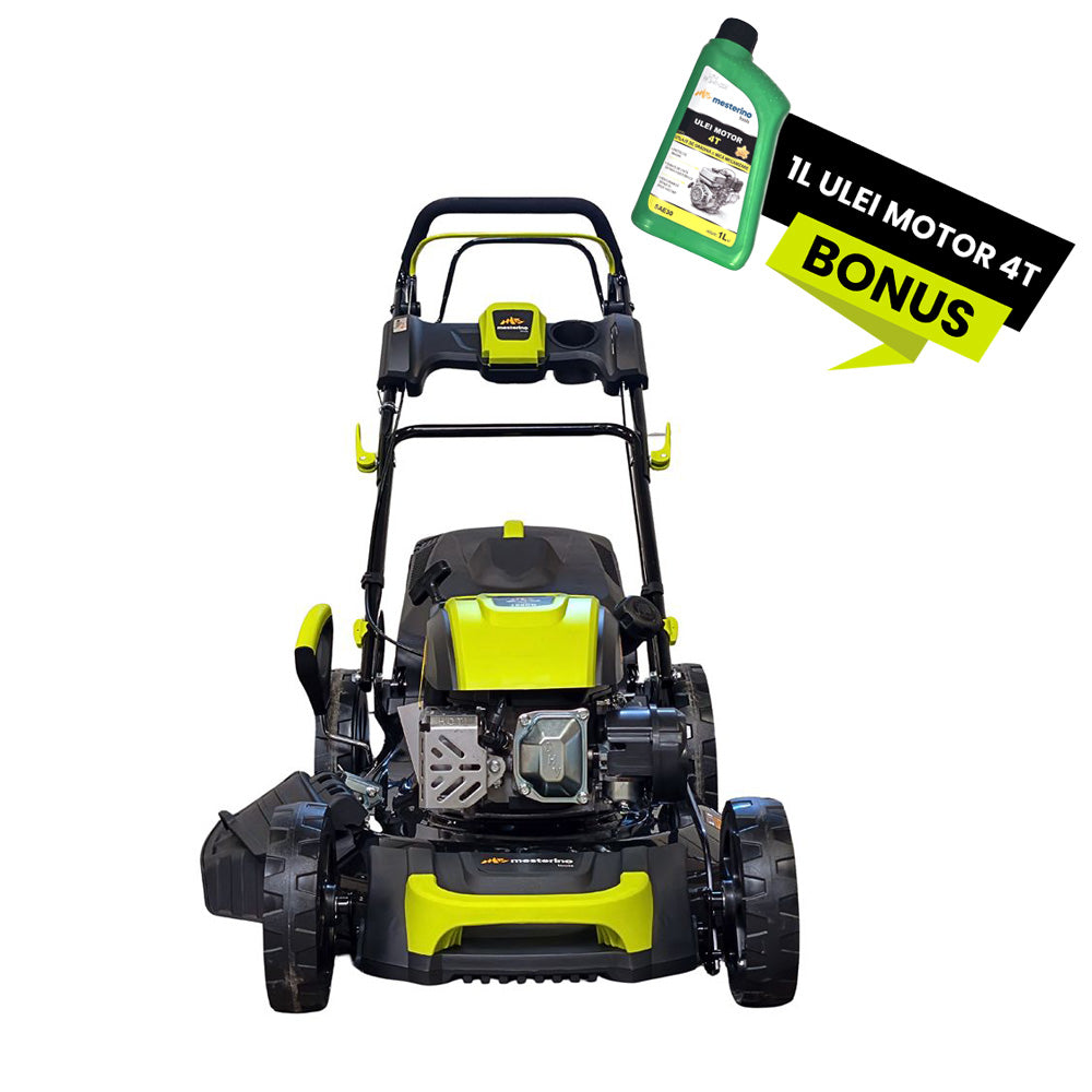 Masina pentru tuns iarba/gazon autopropulsata MESTERINO MTBJXPM51N-196, sasiu de metal, motor 4T 196 cmc, putere 5 CP, diametru taiere 51 cm, 8 nivele de taiere, sac colector 60 litri, evacuare lateral si mulcire
