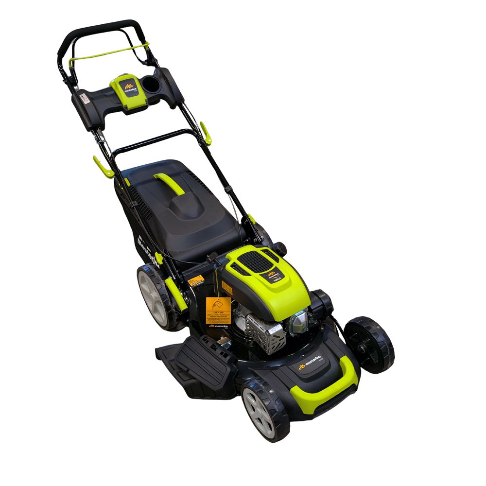 Masina autopropulsata pentru tuns gazonul Mesterino Tools MTBJXPM53N-196 cu motor QL200, 5CP, diametru taiere 533mm/21inch, 8 inaltimi de taiere, roti fata 8 inch, roti spate 11 inch sac colector 60l colectare, evacuare lateral si mulcire