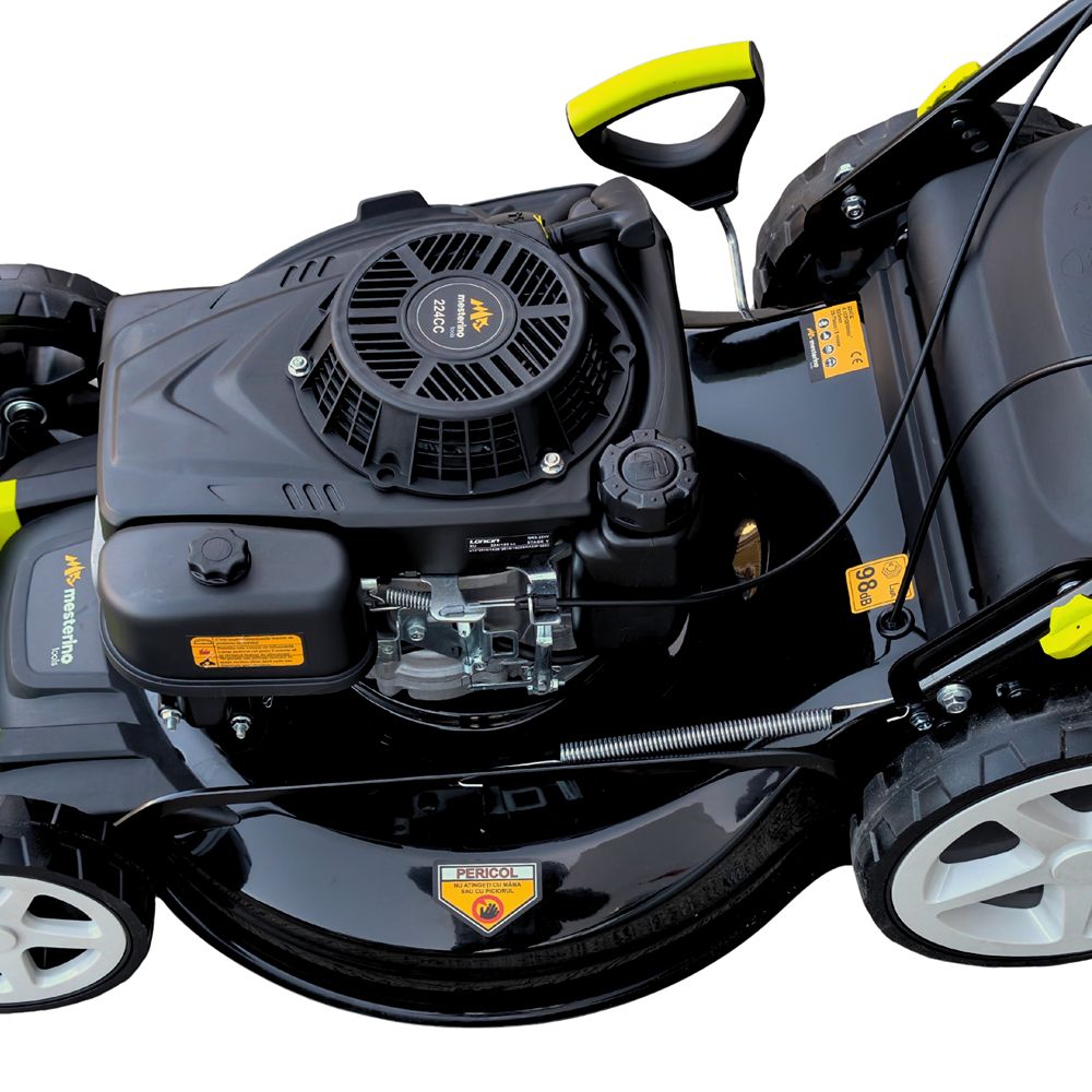 Masina autopropulsata pentru tuns iarba/gazon MESTERINO MTBJXPM53N-224, motor 4T LONCIN 224 cmc, 6.1 CP, latime taiere 53 cm, 8 nivele de taiere, sac colector 60 litri, evacuare lateral si mulcire