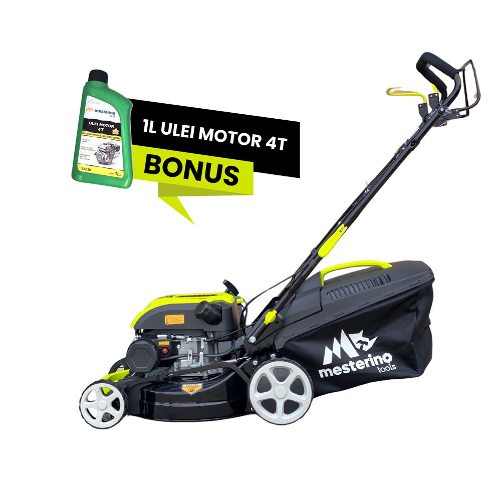 Masina autopropulsata pentru tuns gazon/iarba MESTERINO MTBJXSM41N-149, motor 4T 149 cmc, 3.3 CP, latime taiere 41 cm, 8 nivele taiere, sac colector 50 litri