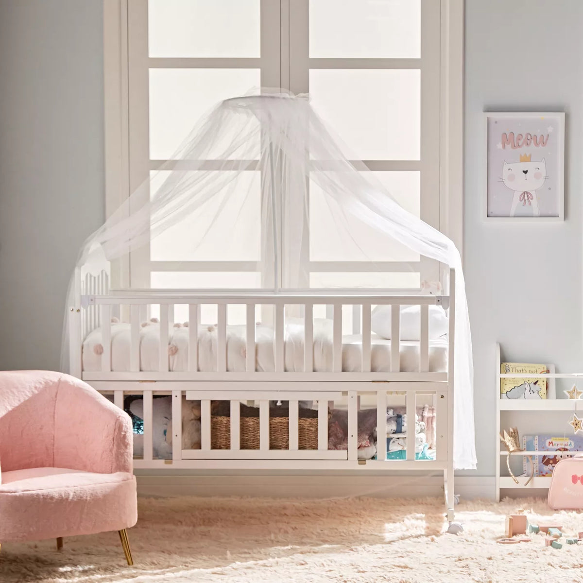 Patut bebelusi din lemn stil scandinav cu roti, laterale de protectie, set 5 piese si baldachin, alb 125 x 70 x 100 cm