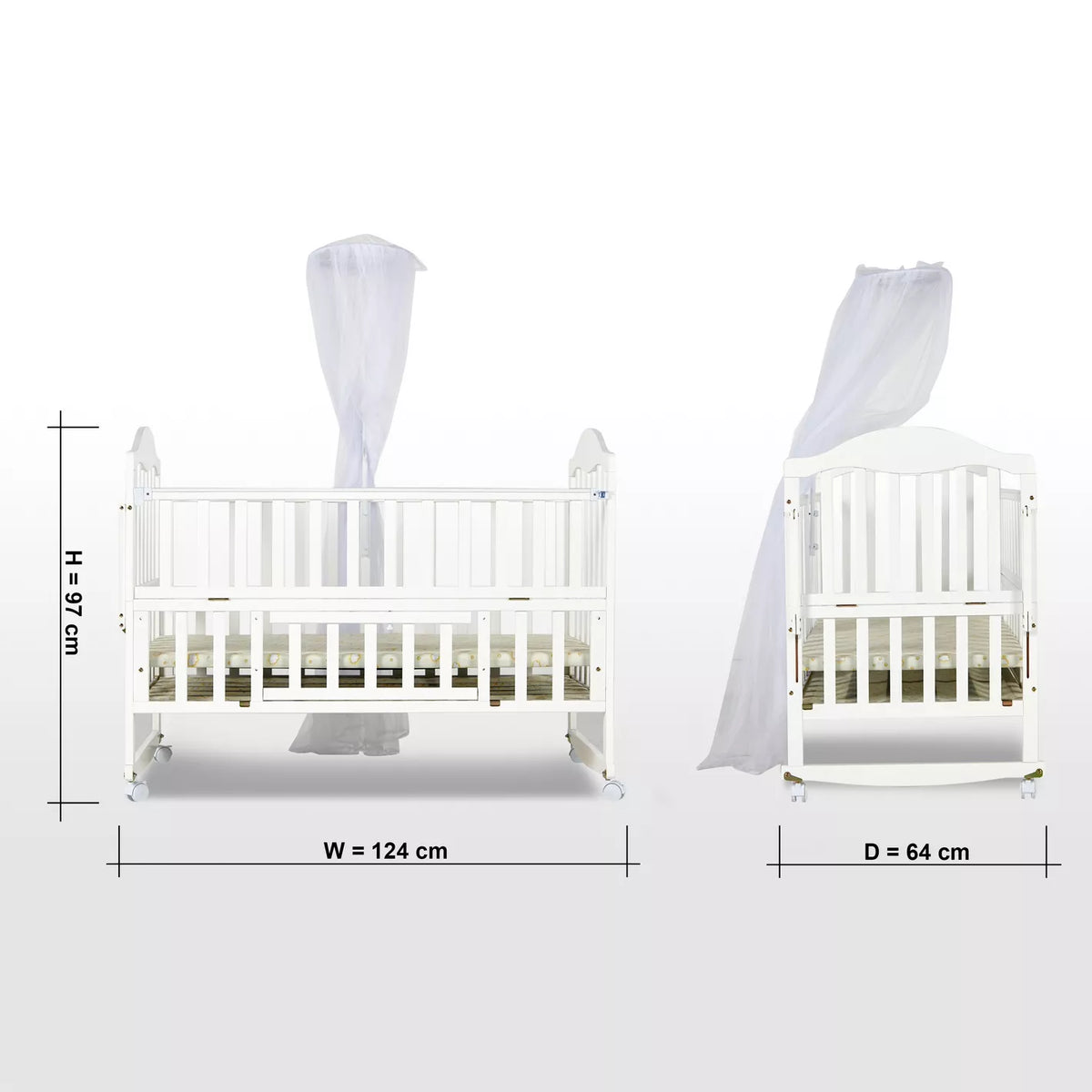 Patut bebelusi din lemn stil scandinav cu roti, laterale de protectie, set 5 piese si baldachin, alb 125 x 70 x 100 cm