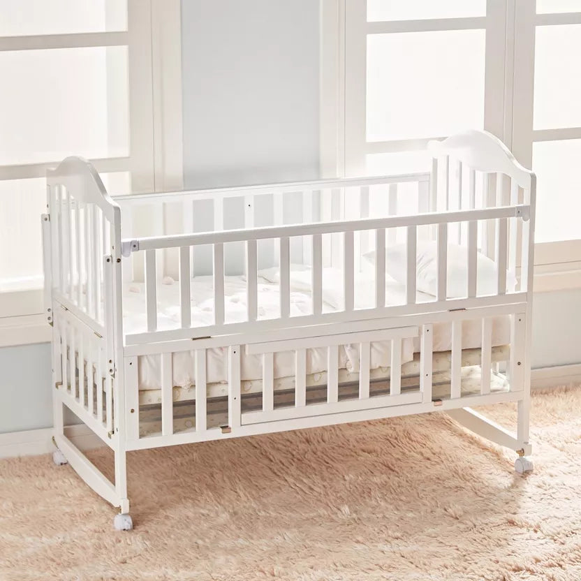 Patut bebelusi din lemn stil scandinav cu roti, laterale de protectie, set 5 piese si baldachin, alb 125 x 70 x 100 cm