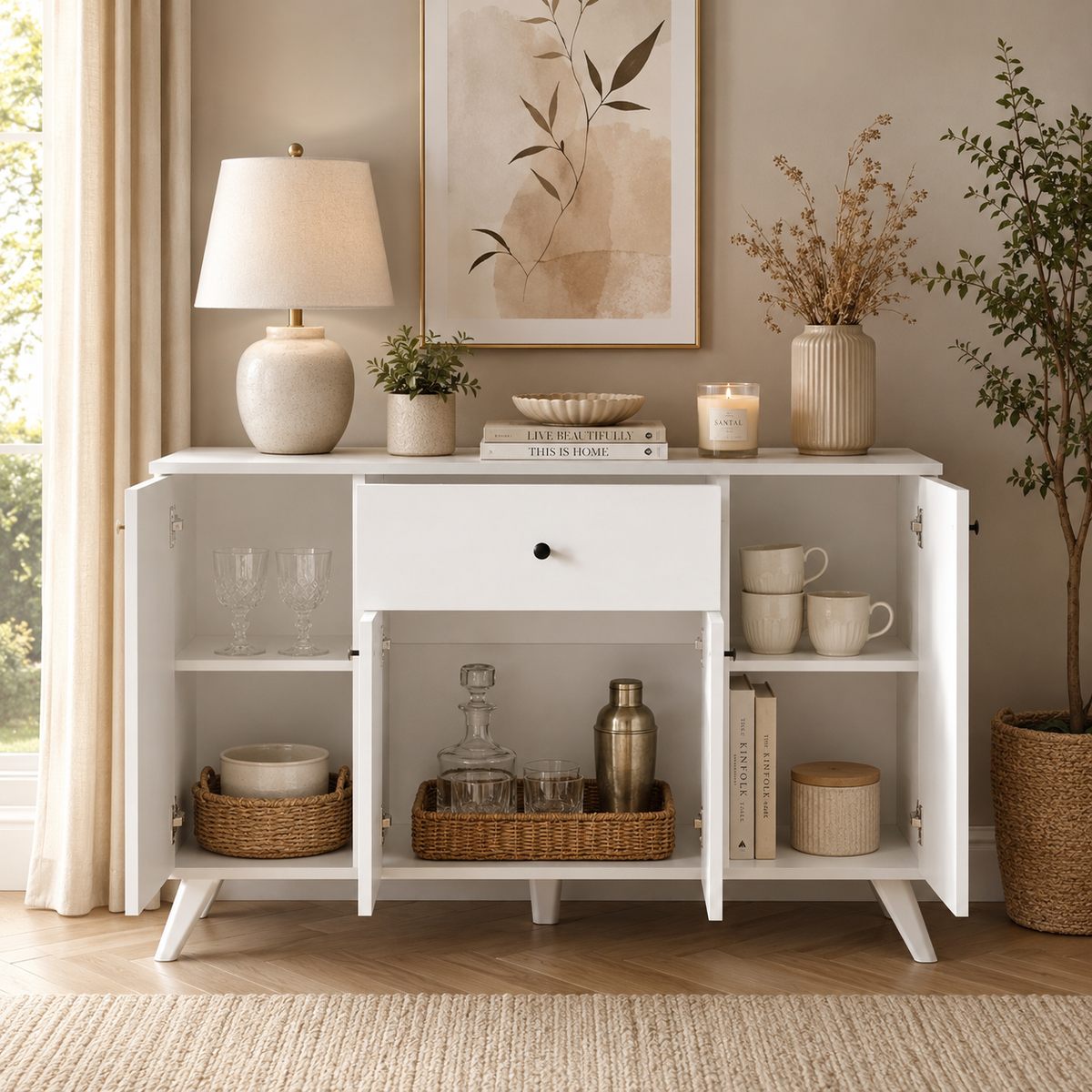 Dulap multifunctional 120x43,4x89 cm, cu 4 usi si sertare, pentru bucatarie, camara sau colt de cafea, alb