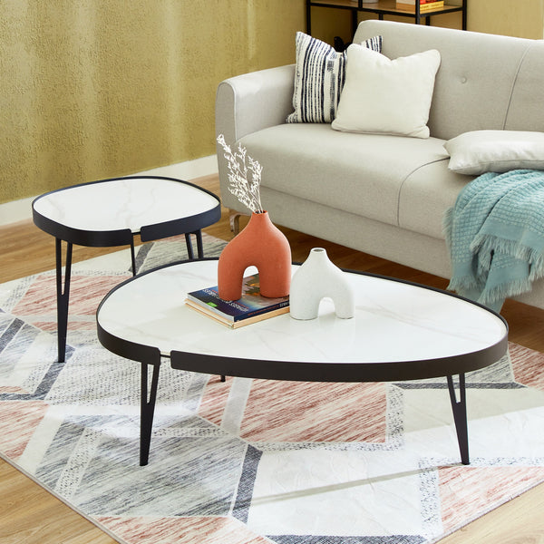 Set 2 Masute de Cafea Moderne din Piatra Sinterizata, Finisaj Lucios, Rezistente la Caldura si Pete, Design Elegant pentru Living