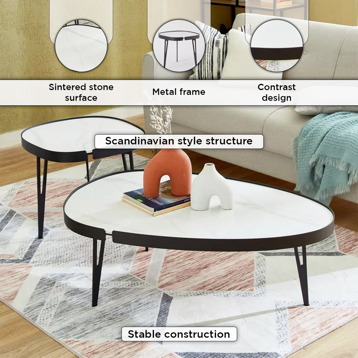Set 2 Masute de Cafea Moderne din Piatra Sinterizata, Finisaj Lucios, Rezistente la Caldura si Pete, Design Elegant pentru Living