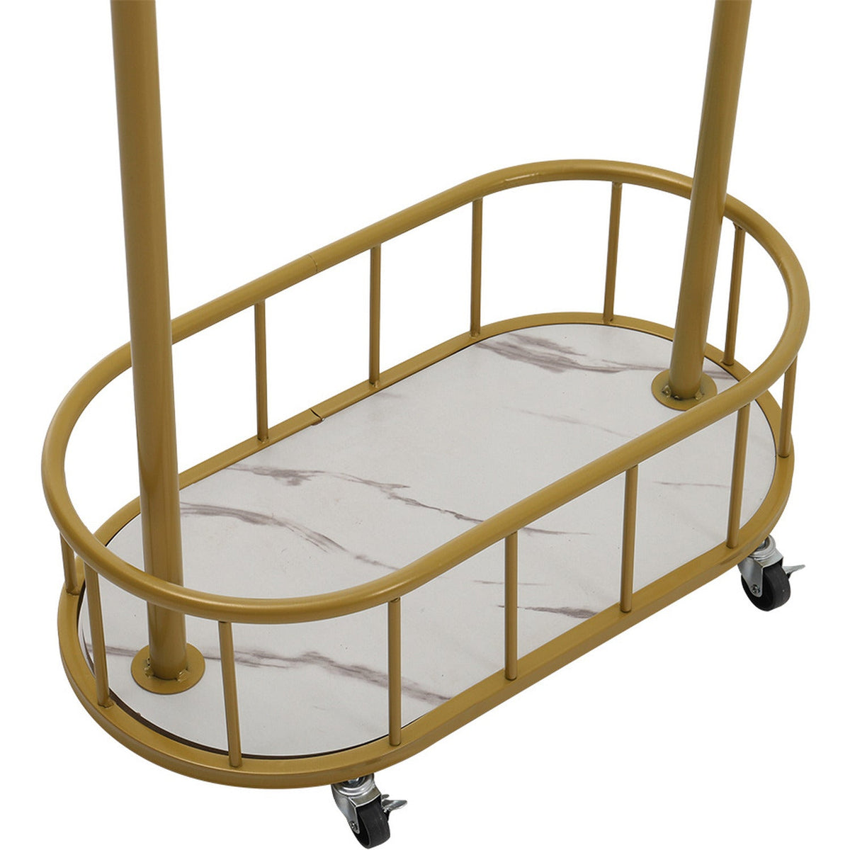 Suport haine metalic cu roti si cos de depozitare, finisaj auriu, 80x32x173 cm