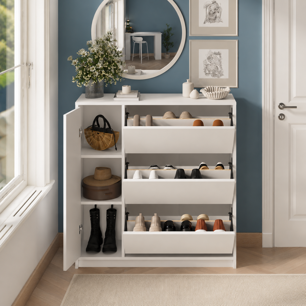 Pantofar Gizem cu usi basculante, dulap pantofi 105.2 x 35.4 x 116.5 cm capacitate 12-16 perechi, mobilier hol compact, PAL melaminat 18 mm clasa E1, mecanism flip-down pentru acces rapid, stil modern scandinav